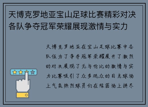 天博克罗地亚宝山足球比赛精彩对决各队争夺冠军荣耀展现激情与实力