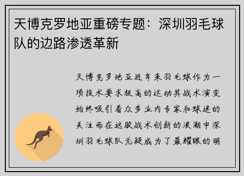 天博克罗地亚重磅专题：深圳羽毛球队的边路渗透革新